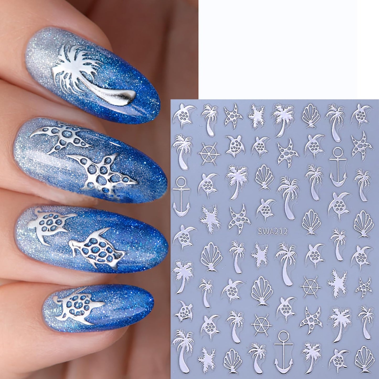 CJDLTS 6 Sheets Gold & Silver Ocean Nail Art Stickers 3D Self -Adhesive Coconut Tree Seashell Nail Decals Holographic Sea Turtles and Starfish Nails Stickers for Women Nails Decoration Supplies