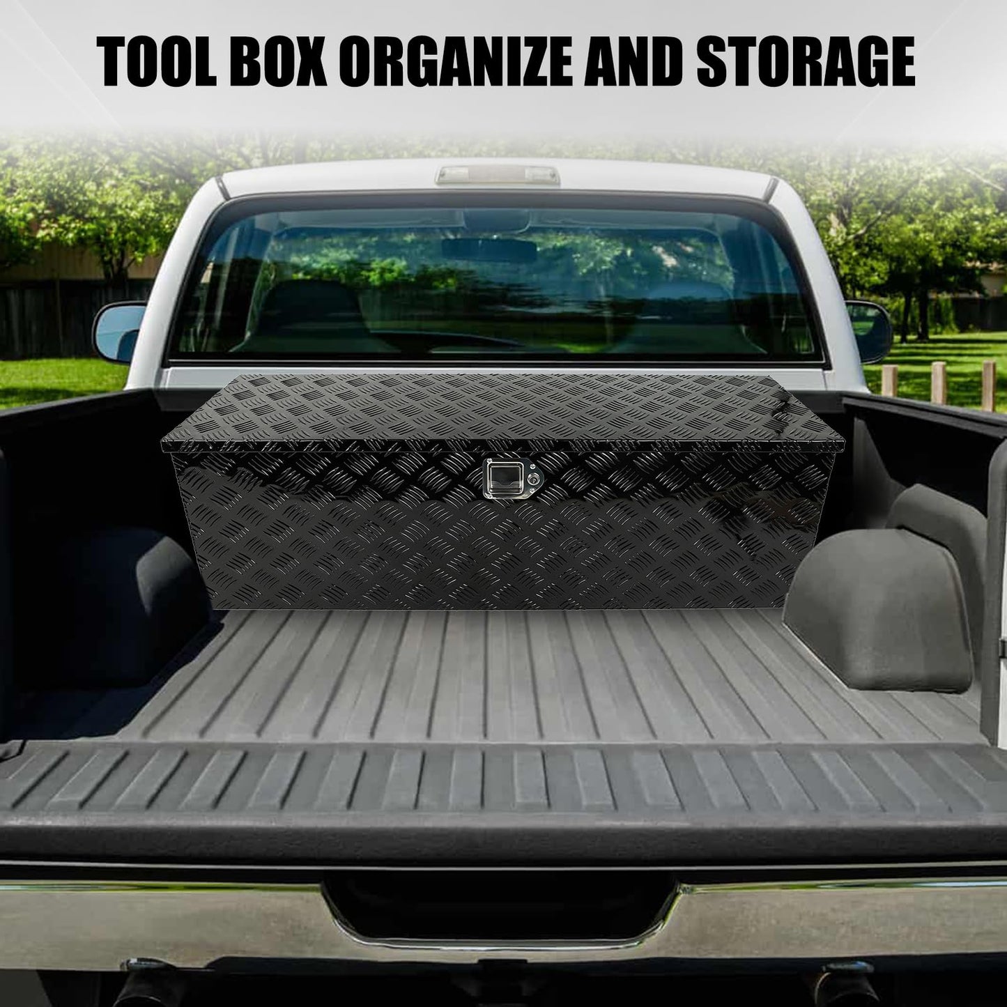 confote 48" Heavy Duty Aluminum Stripes Plated Tool Box Pick Up Truck Bed RV Trailer Toolbox Waterproof Square Storage Organizer with Side Handle, Lock with Keys -48"x 15"x 15"，Black
