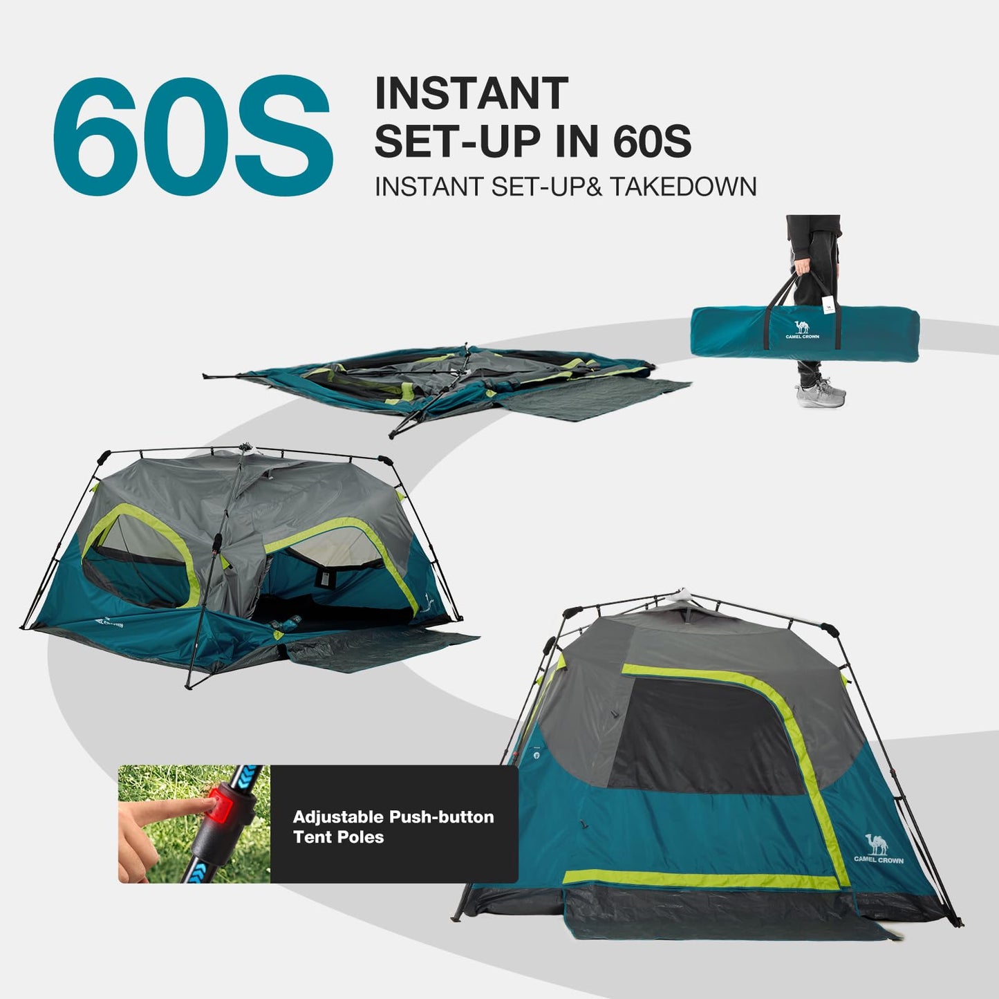 CAMEL CROWN Instant Tents for Camping 2-4 Person Tent Waterproof Easy Setup Sets Up in 60 Seconds Backpacking Tents with Carry Bag for Outdoor Hiking Ink Blue