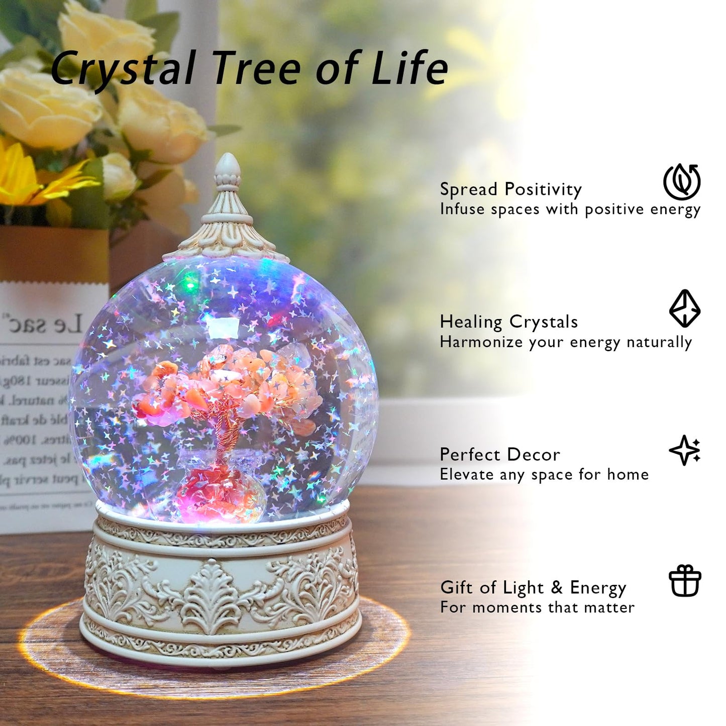Red Agate Healing Crystal Tree Globe with Colorful Lights and Sparkling Glitter, Natural Gemstone Base, Spiritual Meditation, Positive Energy Good Luck, Home Decor, Birthday Gifts (Red Agate)