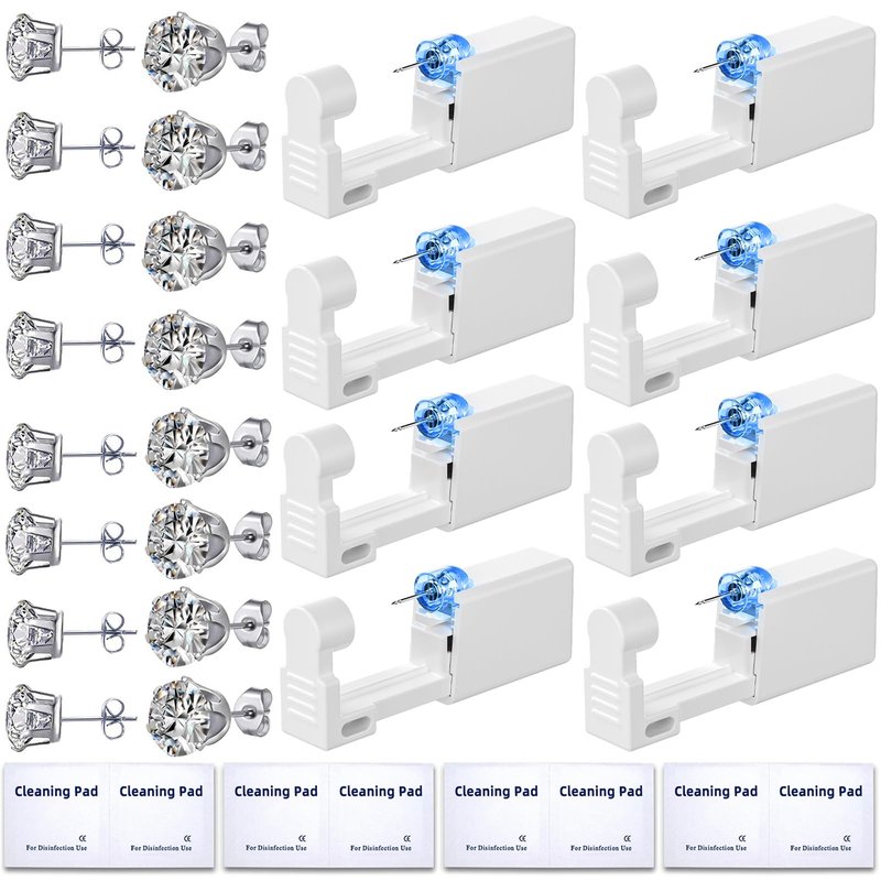 24 Pcs Ear Piercing Kit Disposable Ear Piercing Gun Kit with 8 Pcs Self Piercing Gun and 8 Pcs Earrings Stud 8 Pcs Cleaning Pads, 4mm