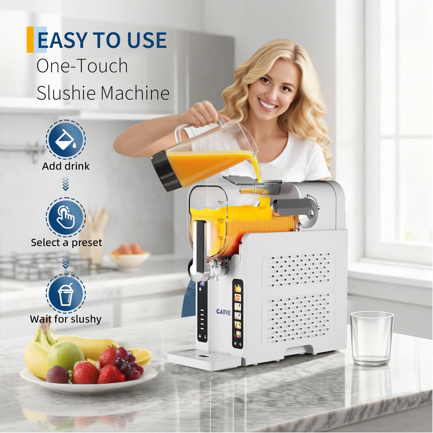 Garvee Slushie Machine for Home - 88 oz Ice-Free Frozen Drink Maker, Self-Cleaning Function with 6 Preset Programs for Margaritas,Ice Cream,Compact Size Slushy Machine,White