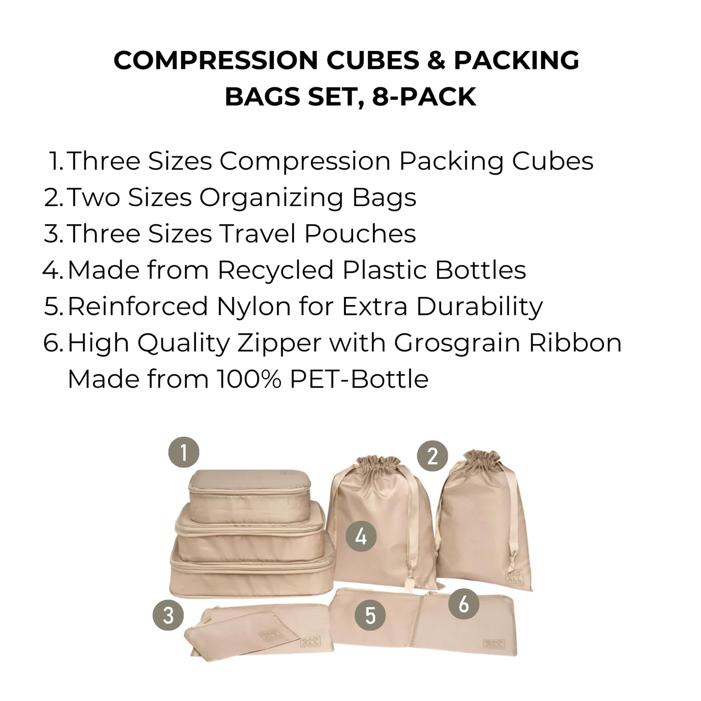 Bag-All Packing Cubes for Travel | Luggage Organizers for Suitcase | Travel Storage Cubes for Organizing | Luggage Organizer Bags | Traveling Essentials | Pack of 8 | Taupe