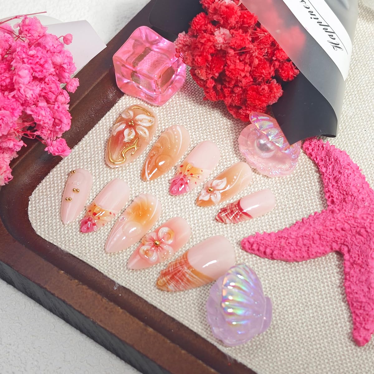 24Pcs Handmade Press on Nails Medium French Tip Fake Nails Almond Shaped 3D Flower Hibiscus with Gold Beads Glitter Design Glue on Nails Spring Summer False Nails for Women Girls Acrylic Manicure