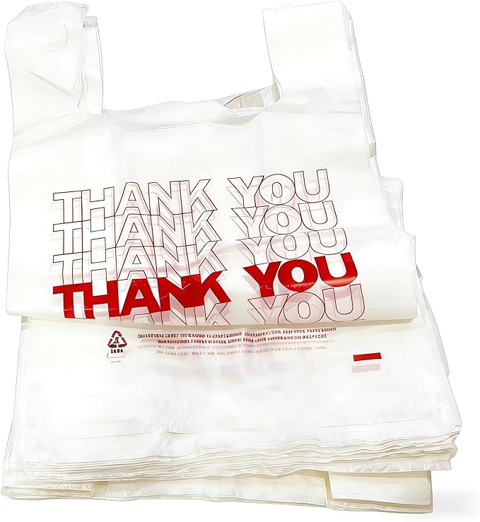 TashiBox Thank You plastic bags with handles(500 count),shopping,grocery T-shirt bags for small business,11.5" X 6.25" X 21", 15mic, 0.6 Mil