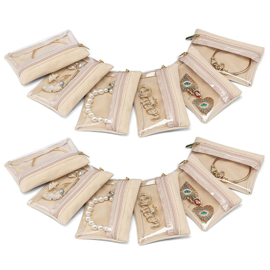 VLANDO Jewelry Travel Case,Travel Jewelry Organizer with Clear Velvet Jewelry Bags Zipper Pouch for Women Girl Gift 12Pcs Bag