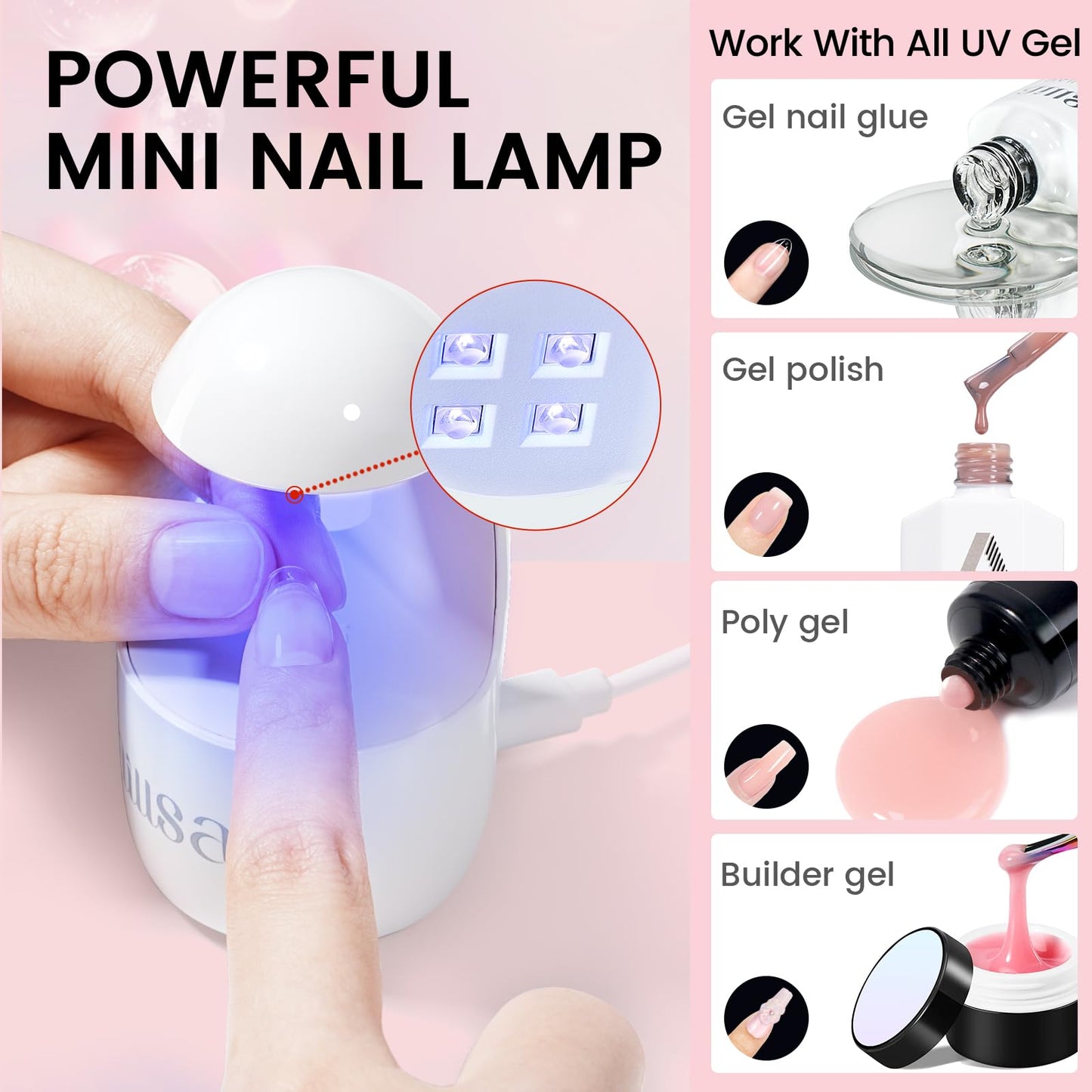 AILLSA Nail Extension Kit Medium Square Nail Tips 224pcs, Upgrade Glue Gel 30g for False Nail Tips, Gel Nail Tips Kit with Portable Mini U V Nail Lamp for DIY Home Salon