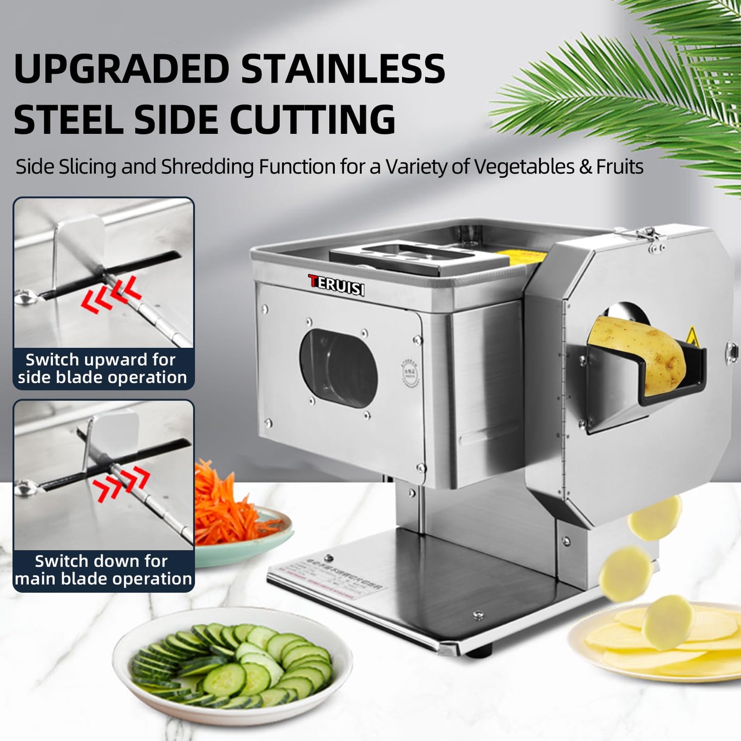 TERUISI Meat Cutter Machine, 850W Commercial Meat Slicer with Side Vegetable Slicing & Shredding, 3-In-1 Electric Food Slicer for Slices Cubes Minces, 550LBS/H, Asia Plug 110V (Slice Thickness:5mm)