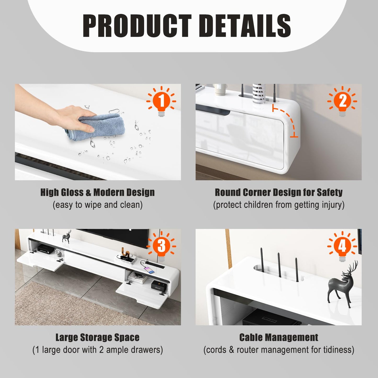 Fully Assembled 71inch High Gloss Floating TV Stand No Assembly with Fast Charging USB Wall Mounted TV Cabinet Piano Lacquer TV Cabinet with 3 Doors Easy To Clean For Living Room Bedroom (White)