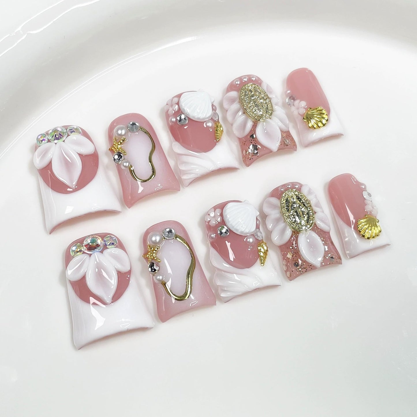 Handmade Press on Nails Medium Duck Fake Nails White French Tip Acrylic False Nails with 3D Flower Design Luxury Full Cover Stick on Nail for Women 10Pcs Manicure (Size M)