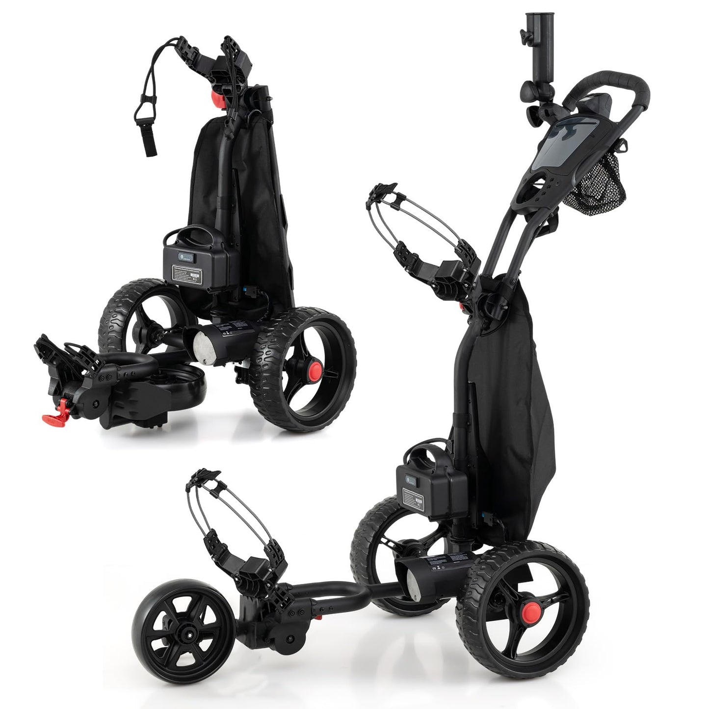Tangkula Electric Golf Push Cart, Foldable 3 Wheels Golf Cart with Adjustable Handle & 9 Speed Settings, 18 Hole Battery, Umbrella Holder, Drink Holder, Scorecard Holder, Cooler Bag & USB Port, Black