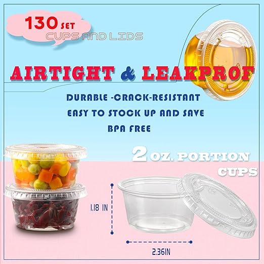 VITEVER 130 sets - 2 oz Jello Shot Cups, Small Plastic Containers with Lids, Airtight and Stackable Portion Cups, Salad Dressing Container, Dipping Sauce Cups, Condiment Cups
