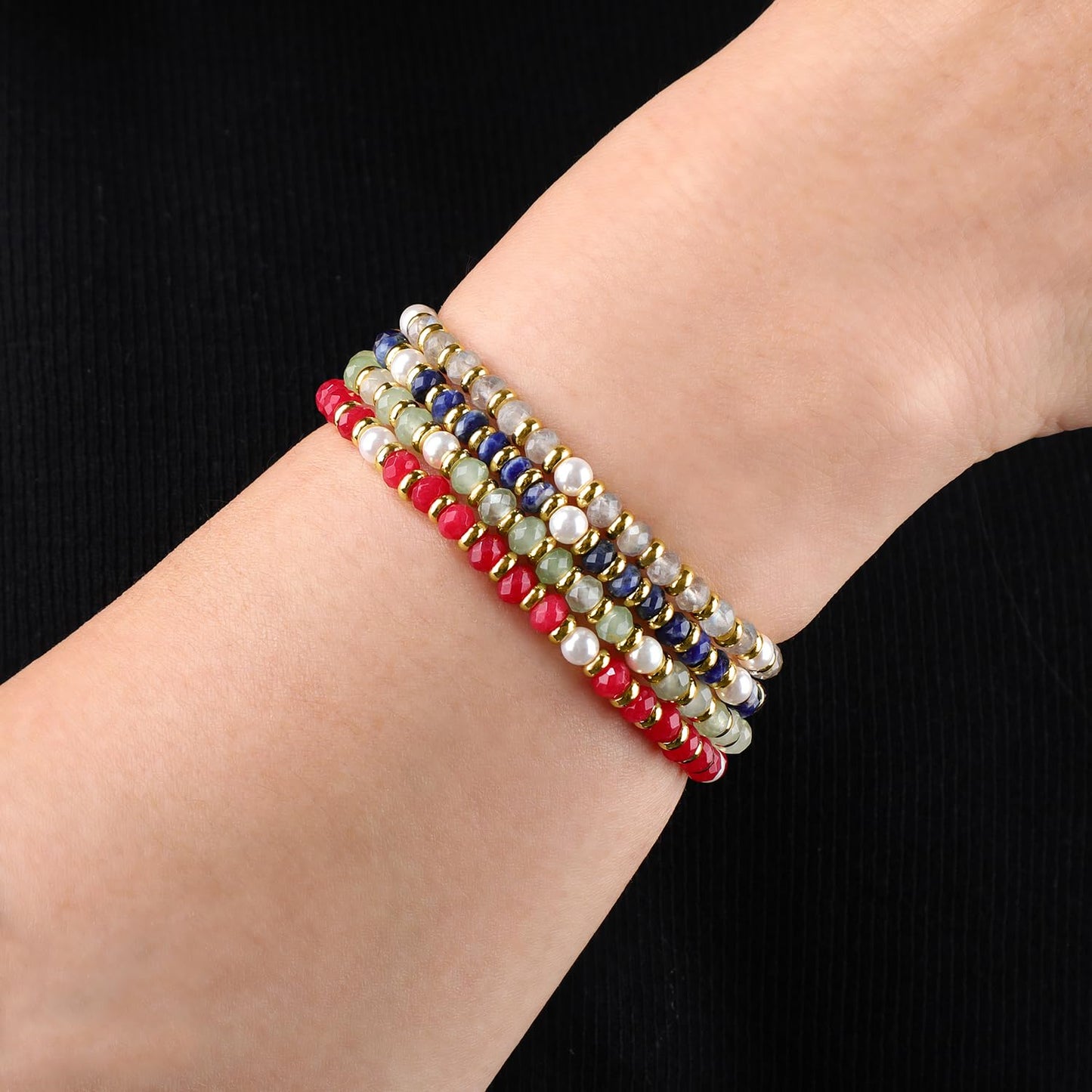 QOGIR Labradorite - Transformation - 14K Gold Plated Beads Natural Gemstone Stretch Elastic Dainty Healing Beaded Bracelets Gifts 2x4mm