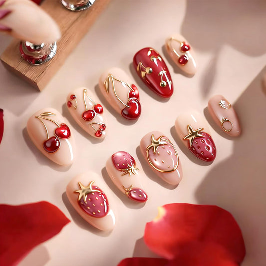 30Pcs Short Almond Press on Nails Valentines Fake Nails with 3D Strawberry Cherry Designs Gilded Lines False Nails Nude Glossy Full Cover Fruit Acrylic Stick on Nails for Women Festive Manicure Decor