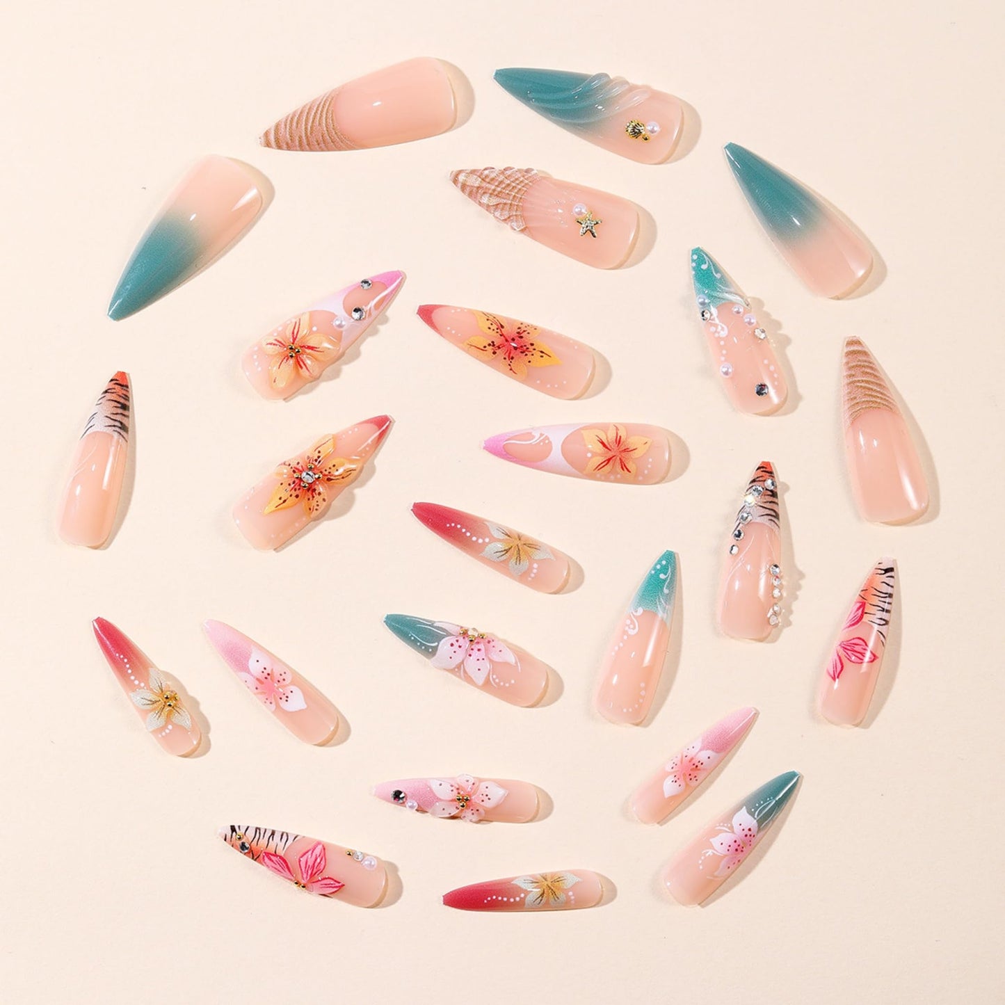 Long Press on Nails Almond Fake Nails Colorful Artificial Nail 3D Pink Flowers and Pearl Designs Summer Beach Stick on Nail for Women 24pcs
