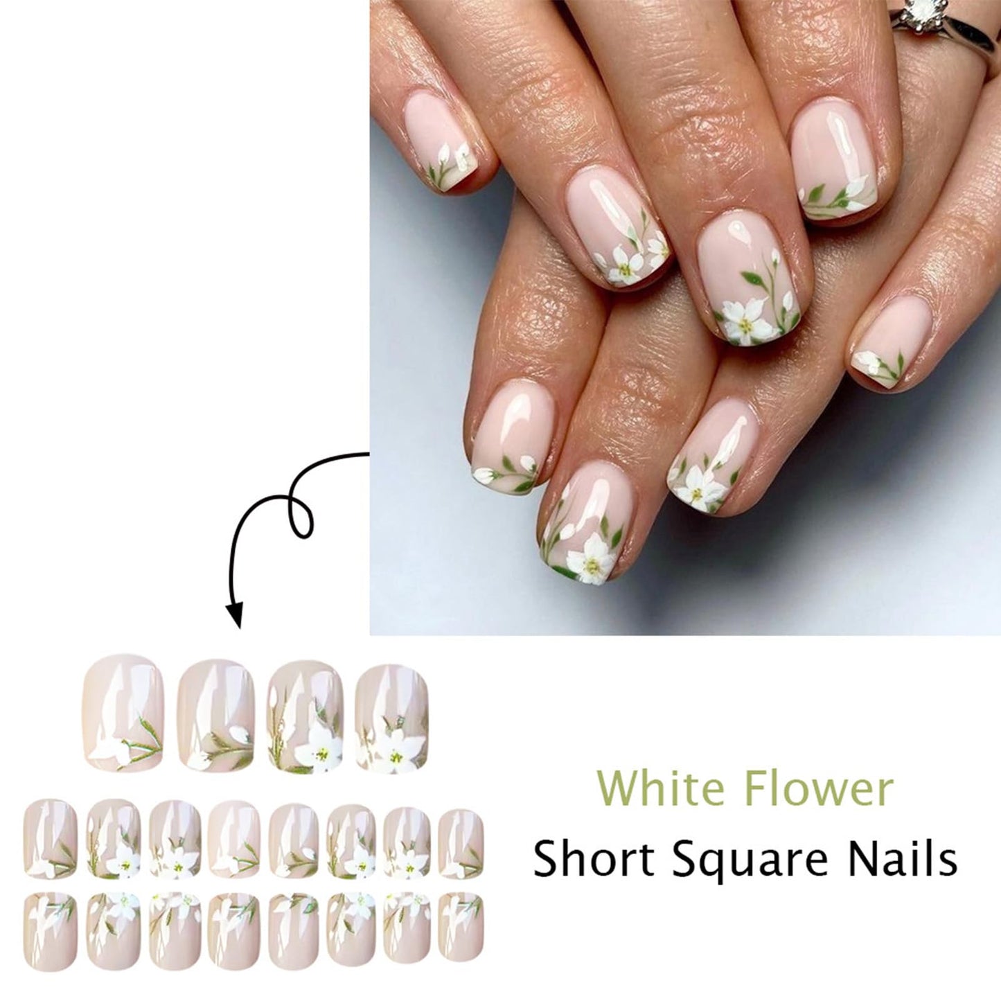 Short Press on Nails with White Flowers Green Leaves Design Spring Floral Fake Nails Cute French Flower Nail Tips Glossy Press on False Nails Square Glue on Nail for Women 24Pcs