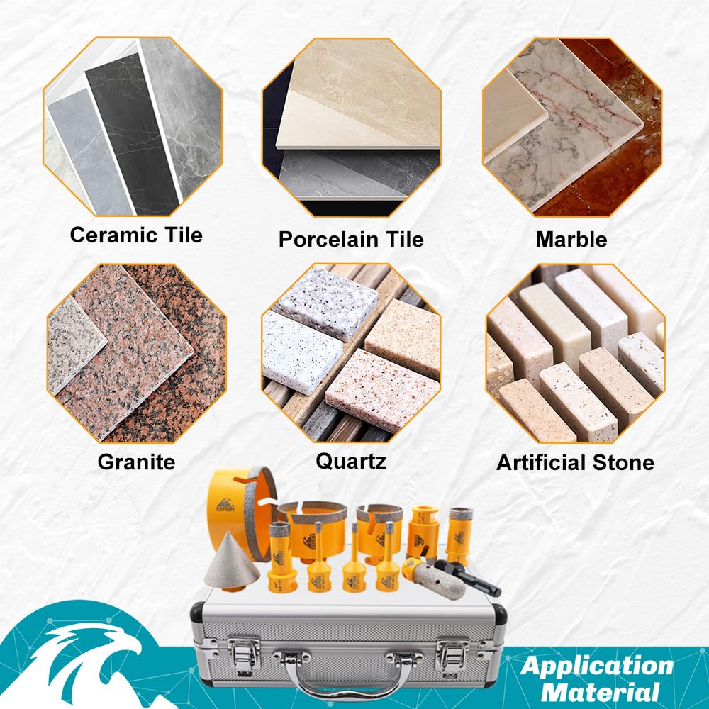 EXFEIN Diamond Tile Hole Saw Kit 12pcs - Diamond Core Drill Bits 6/6/8/19/25/35/50/75/102mm for Tile Porcelain Ceramic Marble with 20mm Finger Bit and 50mm Chamfer Bit Trimming Holes and SDS Adapter