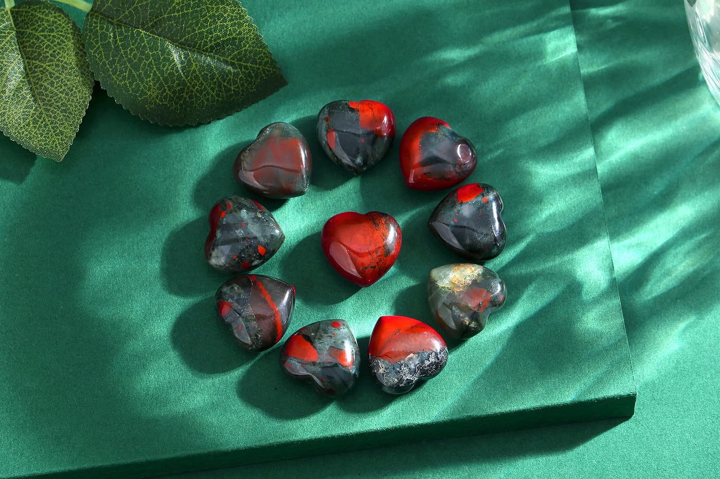 QINJIEJIE 10PCS African Bloodstone Heart Crystals Thick Stones Love Shaped Gemstones Pocket Palm Crystal Bulk Polished Thumb Gem Set Wholesale Worry Stones Spiritual Reiki Energy Gift for Women Men
