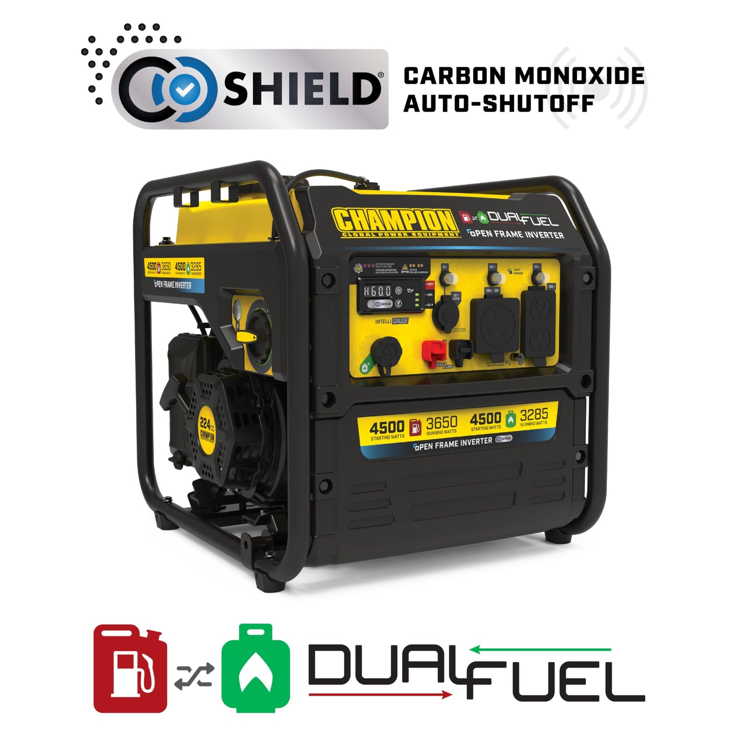 Champion Power Equipment 4,500-Watt Electric Start Dual Fuel RV Ready Portable Open Frame Inverter Generator with Quiet Technology and CO Shield®