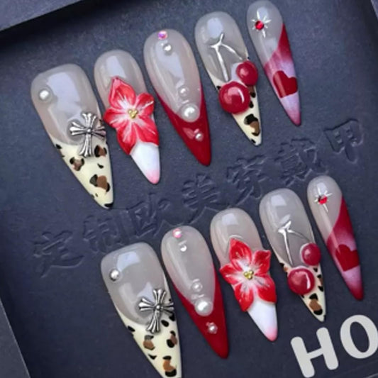 Handmade Press on Nails Long Stiletto Fake Nails Leopard French tips False Nails with Cheery Flower Design Red Heart Pearl Charms Handmade Nail Reusable for Women Girls Daily Wear Manicure Size L