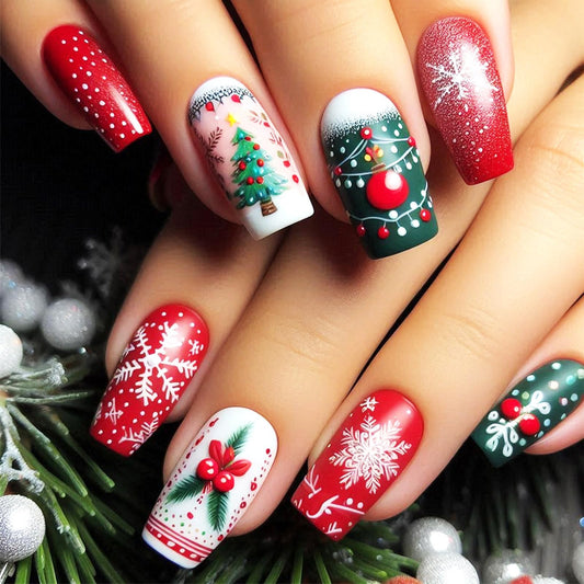 Christmas Press on Nails Christmas Tree Gel Glue on Nail 24Pcs Xmas Bell Medium Coffin False Nails Glossy White Snowflake Acrylic Fake Nail Holly Stick on Fingernails for Women Xmas Gift