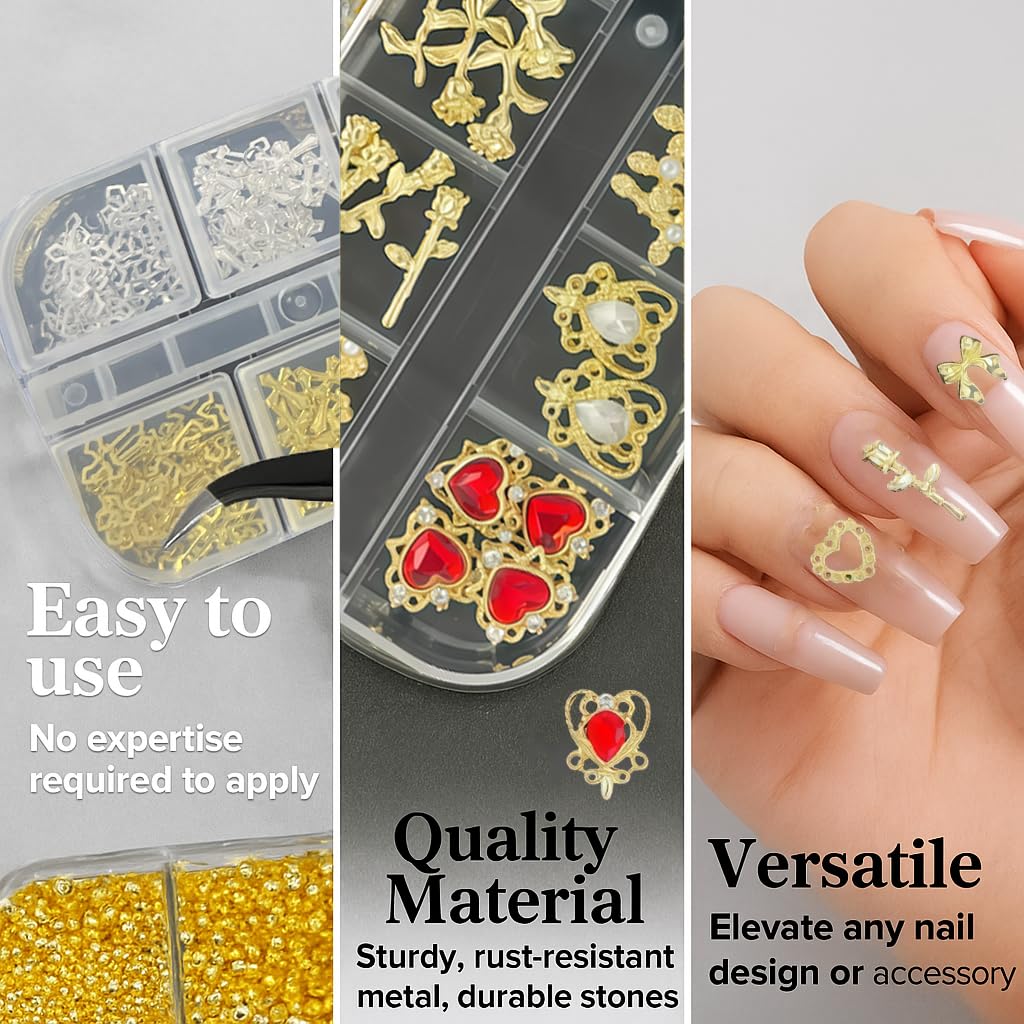 KINGNAME Gold Nail Charms and Gems Set, 4 Boxes Nail Gems Nail Pearls Nail Art Tools, 3D Cross Nail Charms Heart Nail Rhinestones for Nails Supplies, Charms for Nails Design Nail Art Kit