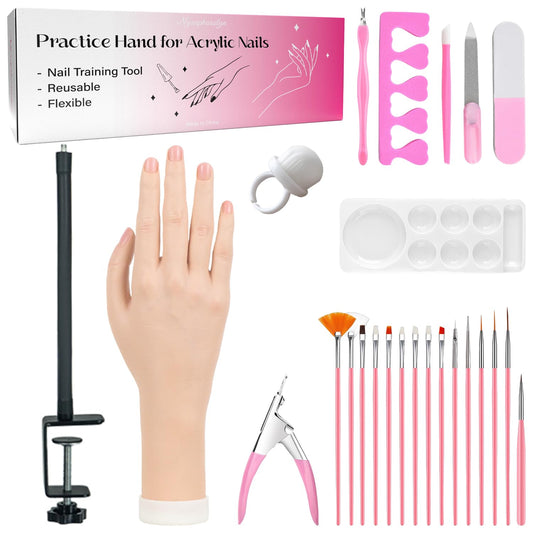 Practice Hand for Acrylic Nails, Flexible Bendable Fake Hand with Adjustable Stand, Nail Training Kit Mannequin Hand for Beginners & Nail Artists (Clamp Stand)