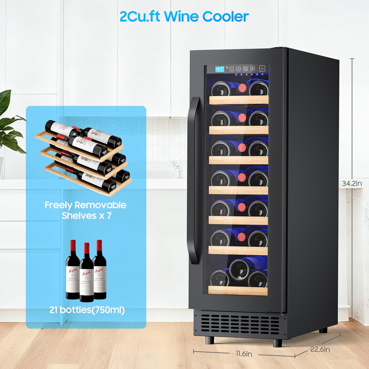EORICE 12Inch Wine Fridge Small Refrigerator 21 Bottle Freestanding/Built in, Compressor 2Cu.Ft Wine Cooler w/Lock & LED Display, 41℉-64℉ Digital Temperature Control Fridge for Cubicle under Counter