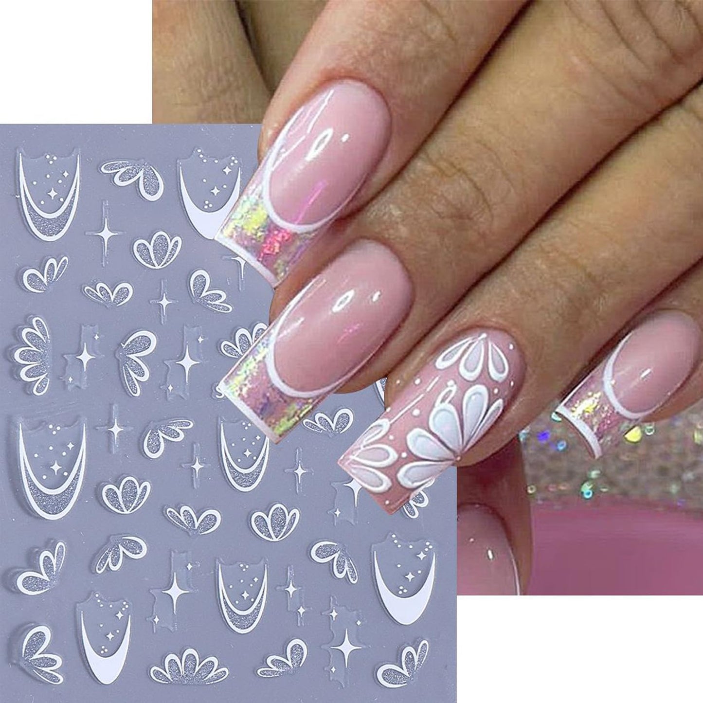2Sheets Flower Nail Art Sticker Decals with Glitter Half Daisy Flowers French Line Nail Stickers Self-Adhesive Nail Supplies French Star Floral Nail Designs for Women Girls DIY Manicure Tip Decoration