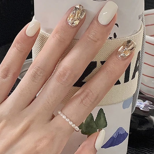 Press on Nail Short Square Length, 24Pcs Full Cover Reusable False Nails Kits, Glue On Nails with Rhinestone Designs, Artificial Fingernails Acrylic Fake Nails for Women, Stick on Nails Coffin Shape