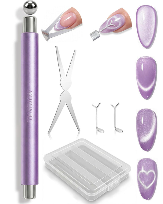 Cat Eye Magnet Set, Cat Eye Magnet for Nails, 3 in 1 Cylinder & Ball Nail Magnet Pen, Heart-Shaped & French-Shaped Magnets for Nails, Nail Art Tool, Home DIY Purple