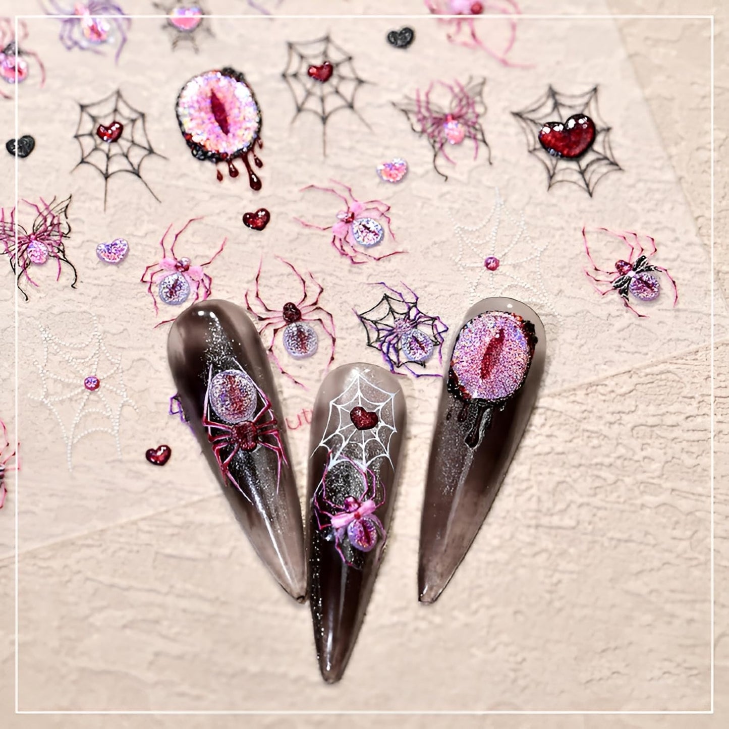 Halloween Nail Stickers Spider Nail Stickers for Nail Art Spider Web Nail Decals 5D Self-Adhesive Purple Pink Nails Design for Women and Girls DIY Manicure Nail Art Decorations