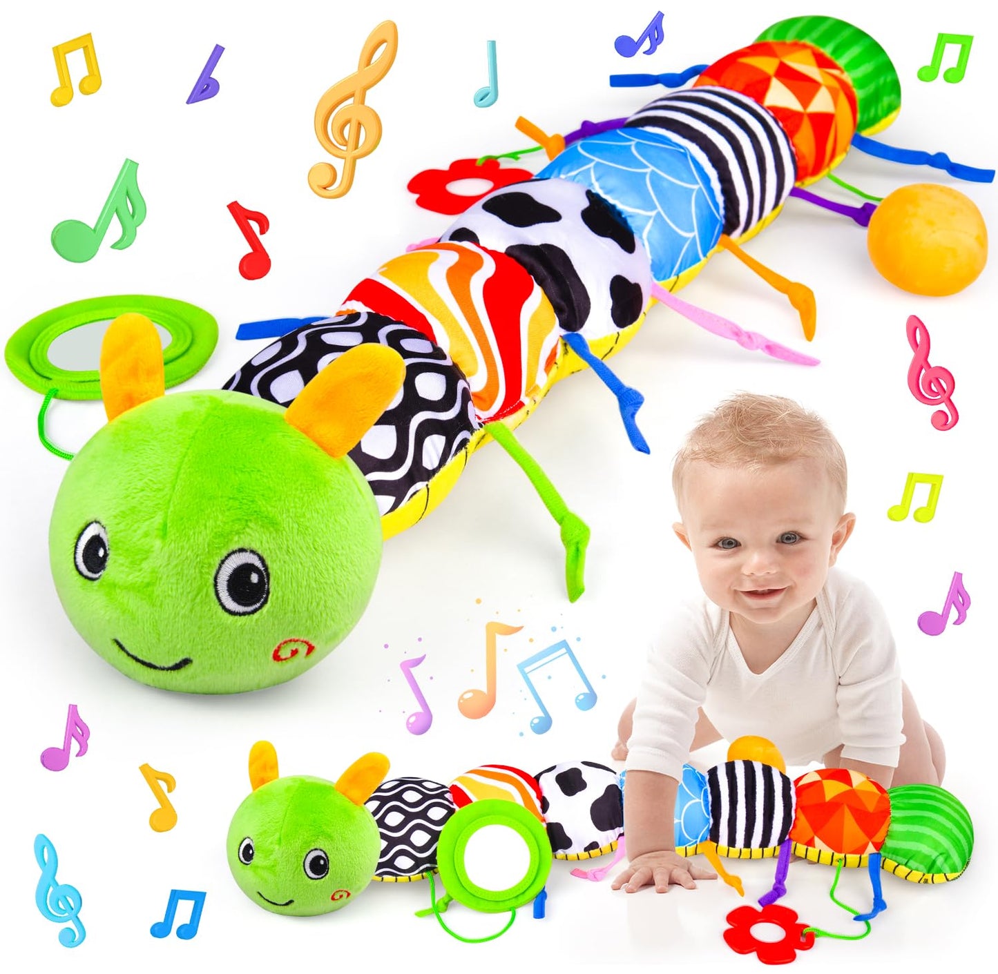 Vpkefla Baby Toys 0 to 12 Months, Stuffed Animal Infant Tummy Time Toys Sensory Toys with Crinkle, Rattles, Textures and Mirror Gifts for Newborn Boy Girls Toddlers, Caterpillar Musical Toy (Green)