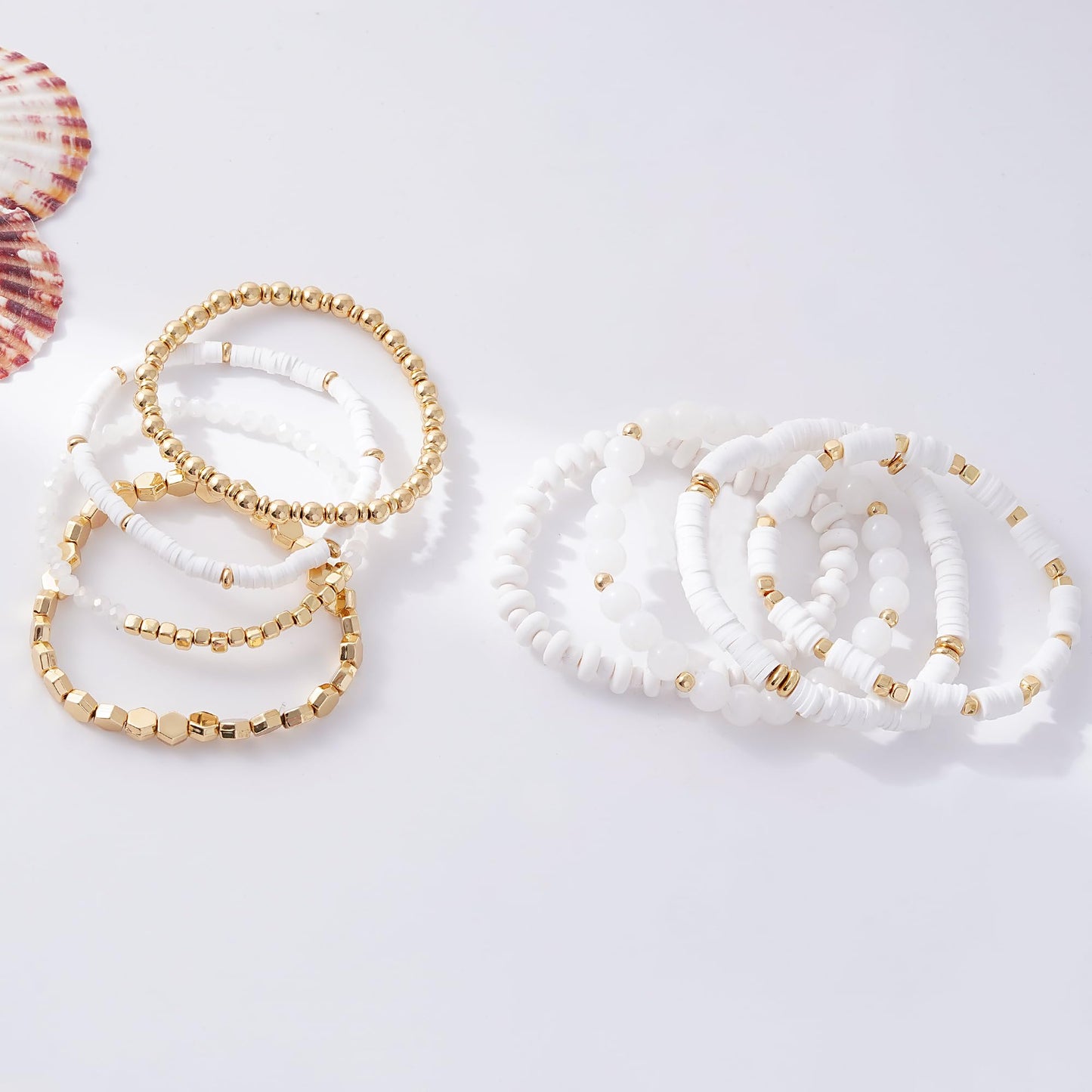 GOOJIDS White Surfer Heishi Clay Bead Bracelets for Women Bohemian Stackable Gold Plated Beaded Stretch Bracelets Elastic Layering Friendship White Bracelets Set Boho Jewelry