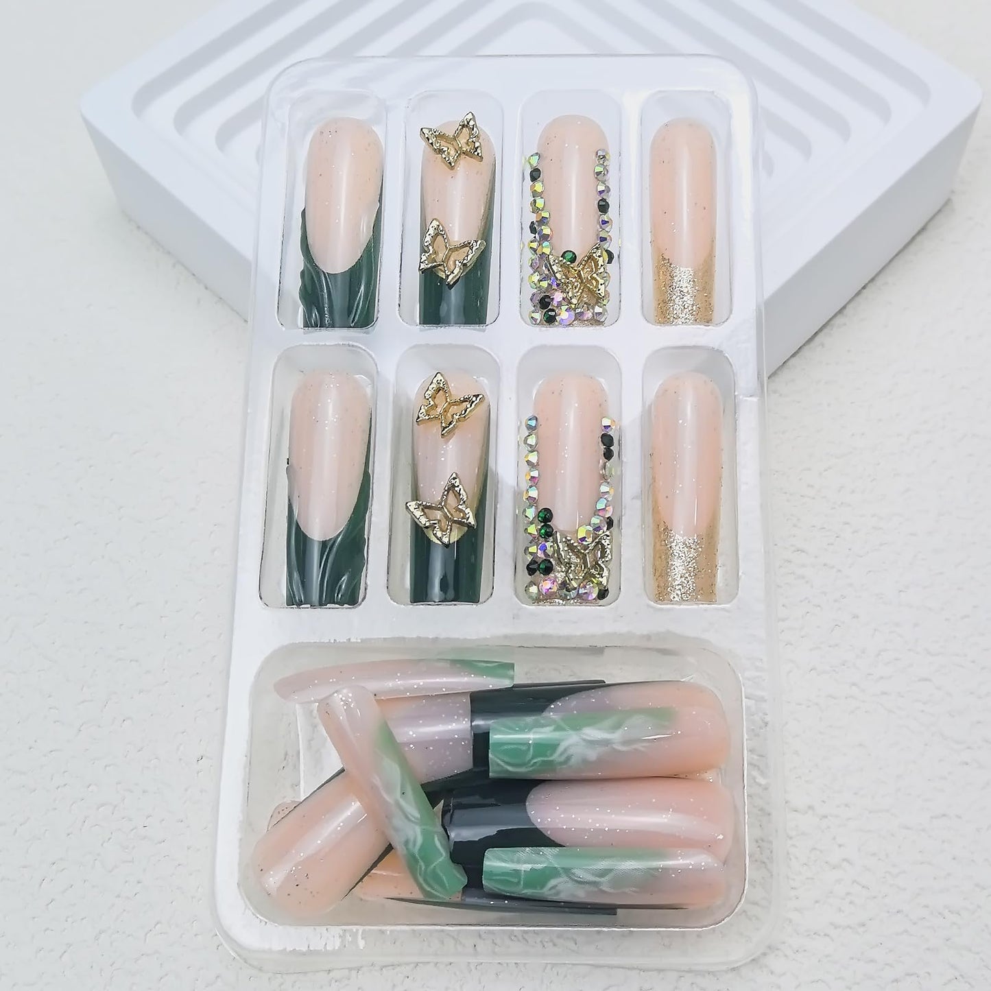 Green French Tip Press on Nails Long Coffin fake Nails Gold Glitter False Nails with Gold 3D Butterfly Designs Sparkly Artificial Nails Cute for Women Girls Nails Decoration 24 Pcs