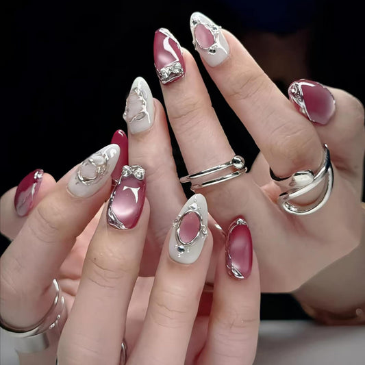 Almond Press on Nails Medium Fake Nails Pink Artificial Nail Cat Eyes Rhinestones Bow Handmade Sparkly Stick on Nail for Women 24pcs