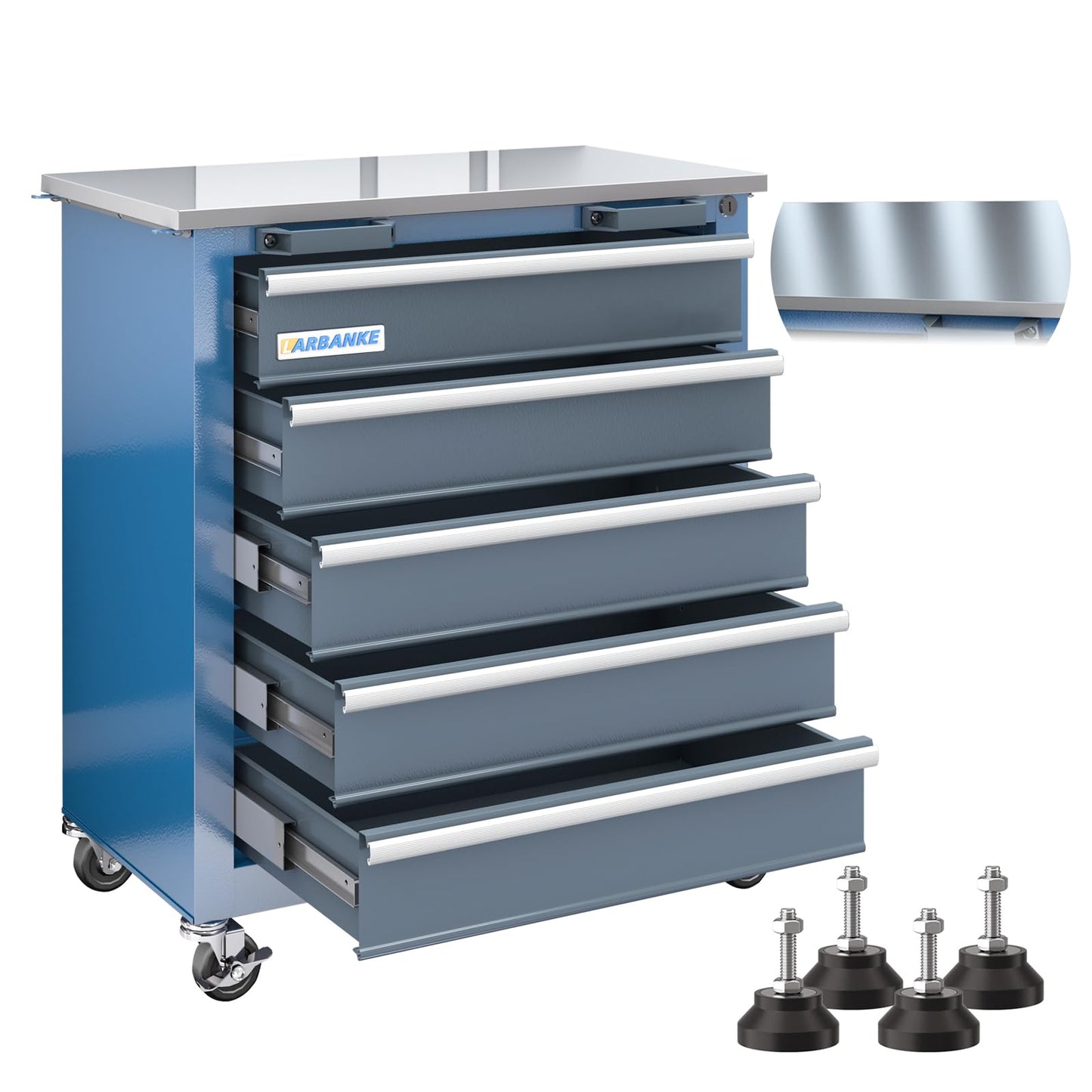 LARBANKE 5-Drawer Rolling Tool Chest,Tool Chest with Keyed Locking System, with Wheels and Foot Pads,Rolling Tool Cabinet with Stainless CounterTop and Drawer Liners,Unique Link Buckle for Connecting