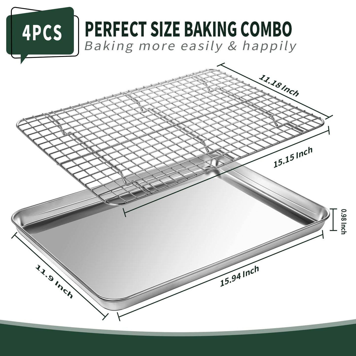 Jelly Roll Pan with Cooling Rack Set [2 Baking Pans + 2 Baking Racks], CEKEE Stainless Steel Baking Sheet Tray with Wire Rack Set, Commercial Quality, Rust Proof & Nonstick, Size 15.94 x 12 x 1 Inch
