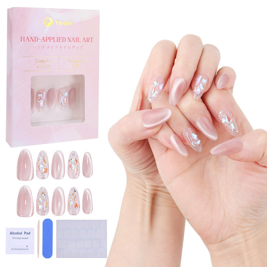 Yacey Handmade Press on Nails Short Almond, Reusable Soft Muti-Gel False Nails Press Ons, Pink Cat Eye Thick Acrylic Fake Nails, 3D Artificial Bling Glossy Glue on Nails for Women Girls (10 Pcs, M)