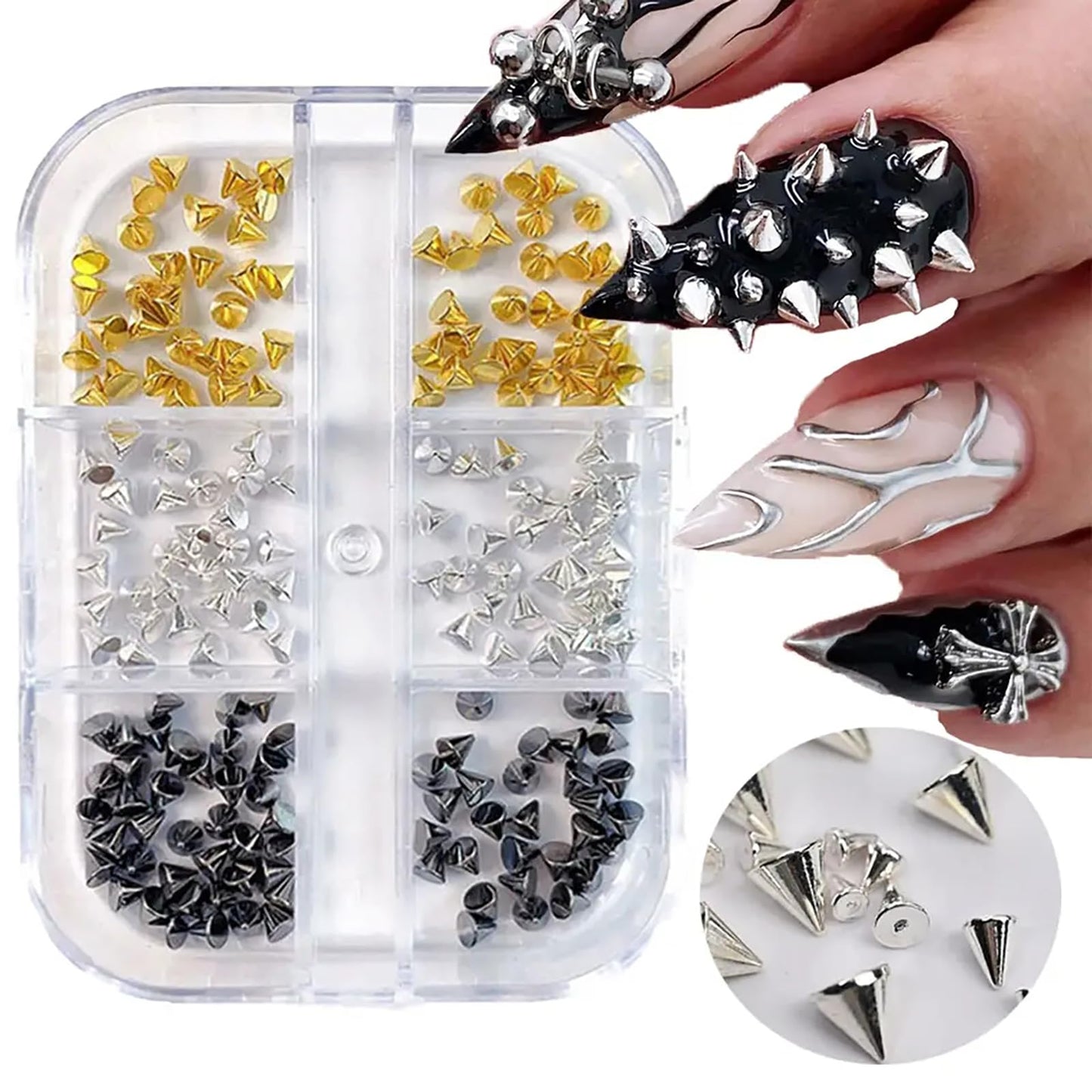 DANNEASY 3D Mini Metllic Punk Nail Art Studs Goth Cross Nail Charms Mixed Sizes Gold Silver Black Cone Spikes Alloy Rivets Jewelry Steel Balls Caviar Beads Jewels for Women Manicure Decorations
