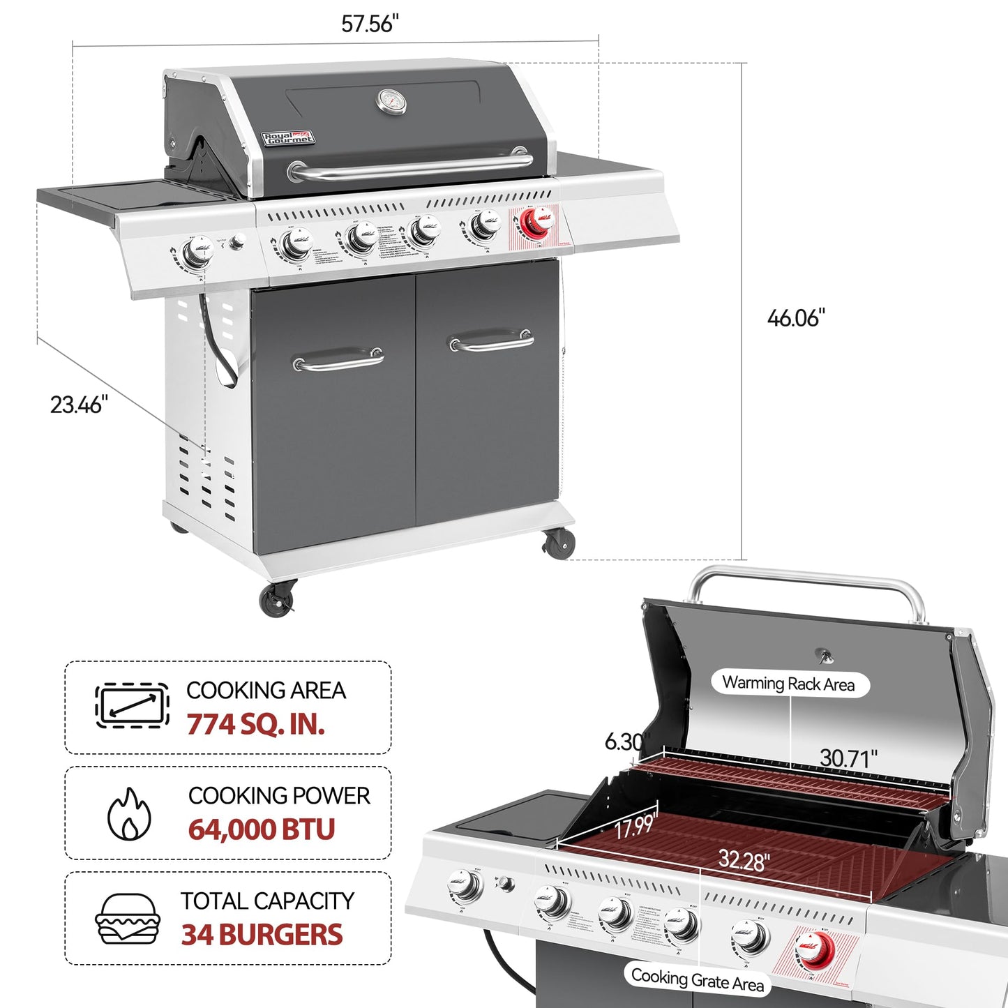 Royal Gourmet GA5404G 5-Burner Propane Gas Grill with Side Burner & Warming Rack, Outdoor BBQ Grill with 64,000 BTUs Output & 774 Sq. in. Cooking Area for Outdoor Barbecue, Grey