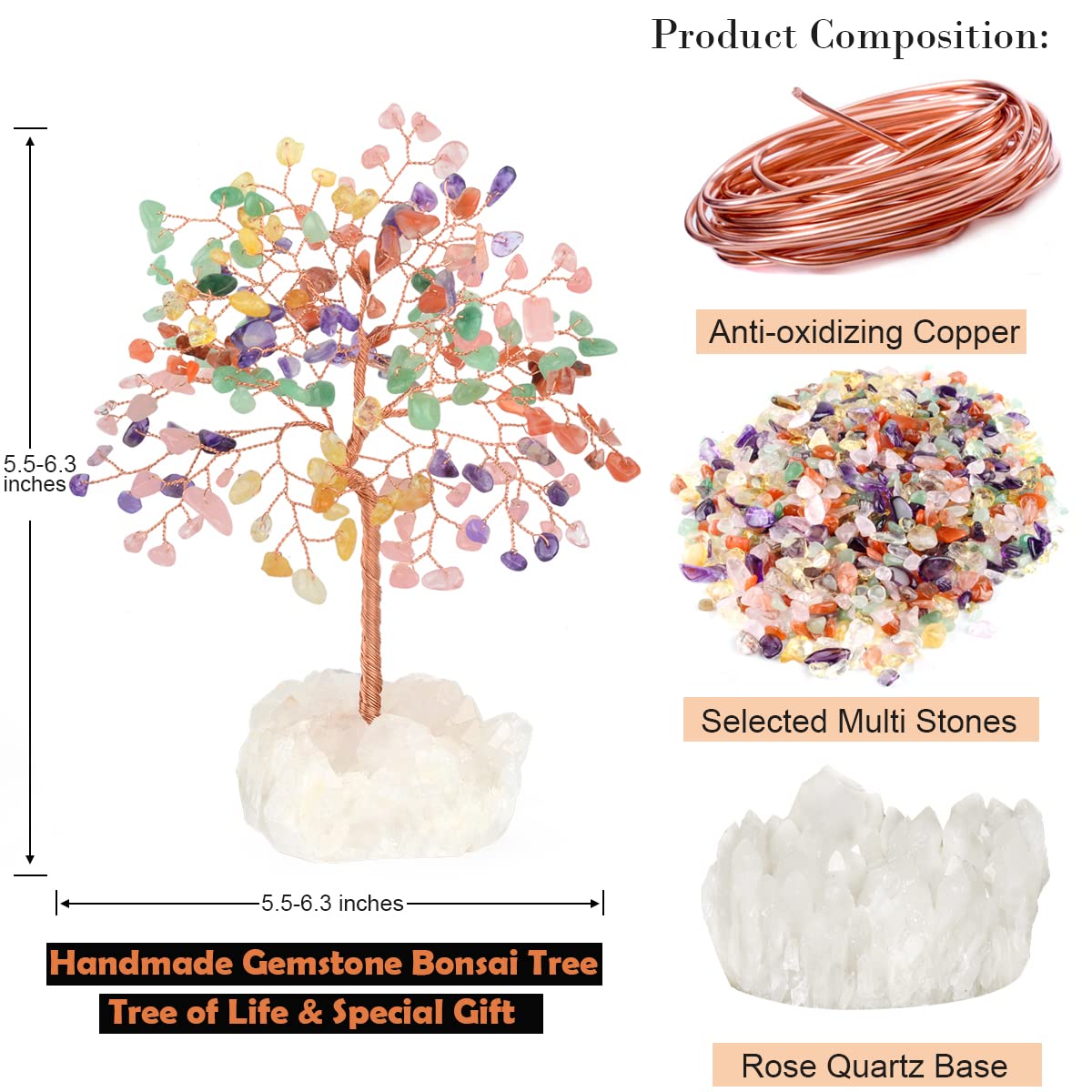 MASGEMES Gemstone Crystal Tree of Life,Quartz Cluster Base,Bonsai Money Tree Feng Shui Decor,Chakra Healing Crystals Positive Enegy-Good Luck Gift 5.5-6.3 Inches