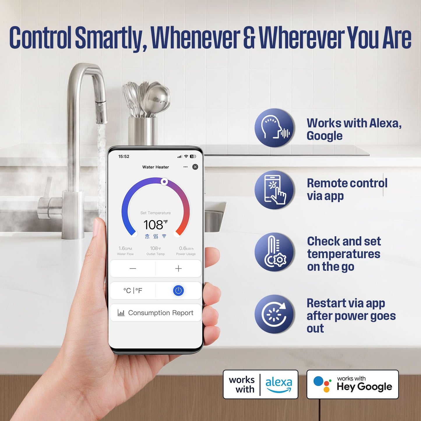 Westinghouse Apolo Mini 6.5kW Tankless Water Heater Electric, 240V Instant Hot Water, Smart WiFi Control, Compatible with Alexa & Google Home, Deep Blue