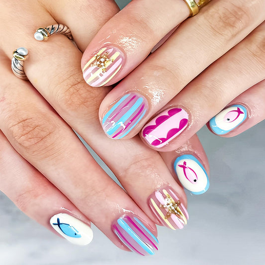 Cute Fish Press on Nails With Ocean Design, Glossy Colorful Striped Fake Nail, Medium Oval False Nails Starfish Glue on Nail, Beach Stick on Reusable Acrylic Fingernails for Women Summer Daily Wear