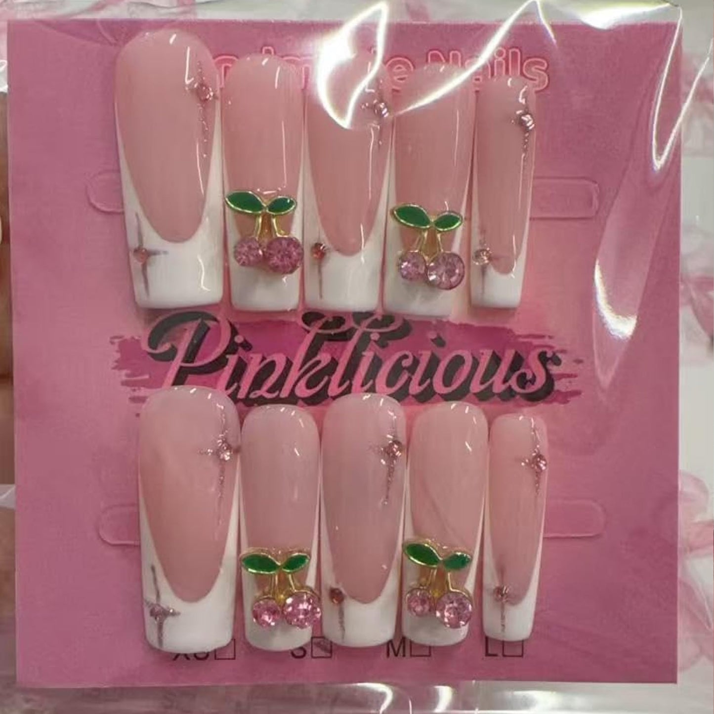 Pinktlicious Pink French Tip Press On Nails - Long Coffin Reusable False Nails with Cherry Rhinestones, Glue-On Artificial Nails for Women’s Daily & Party Manicure (S)