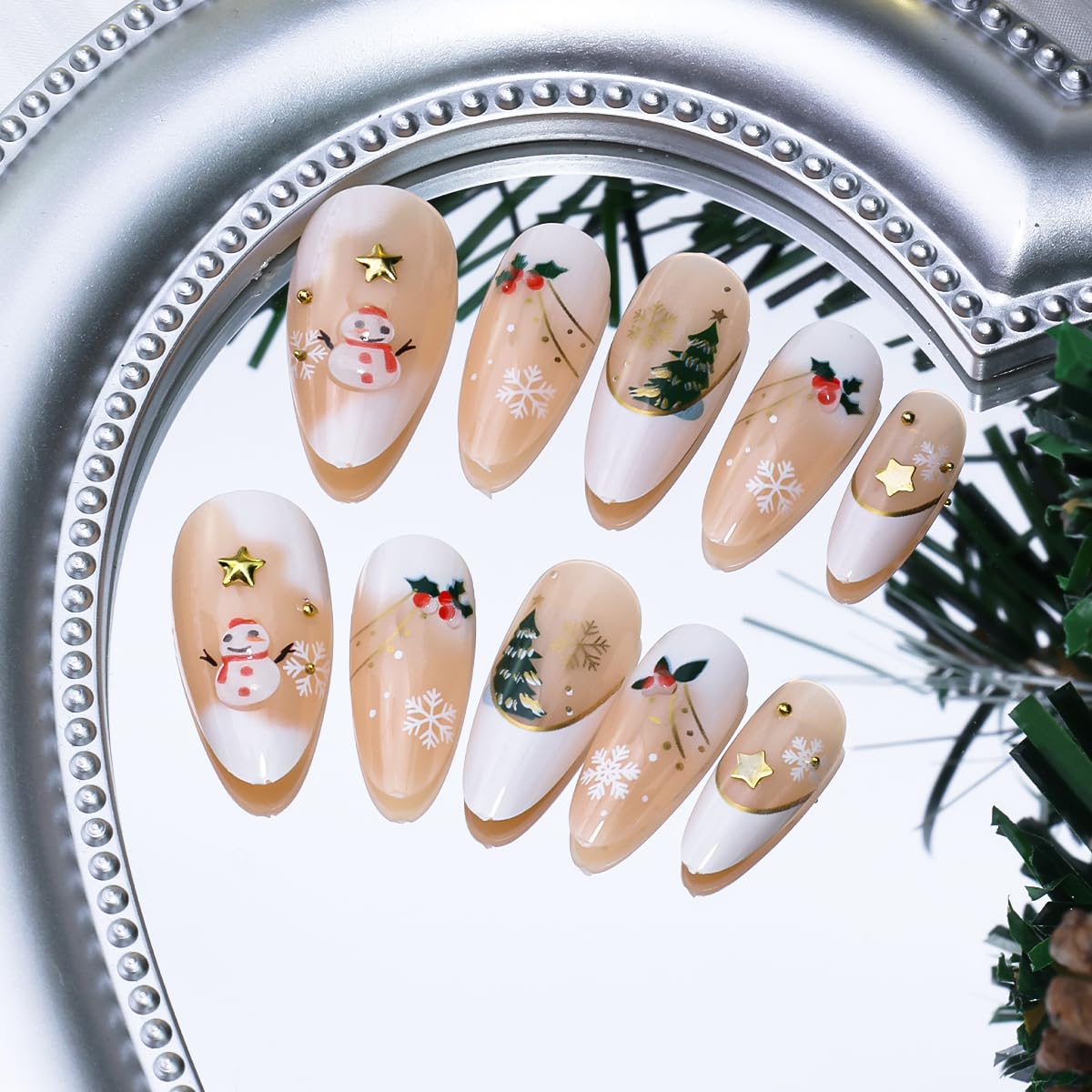 24Pcs Christmas Press on Nails Medium Almond Fake Nails 3D Star Xmas Tree Holly Snowmen Design Winter Glue on Nails French Tip False Nails Gold White Snowflake Acrylic Stick on Nail for Women Manicure
