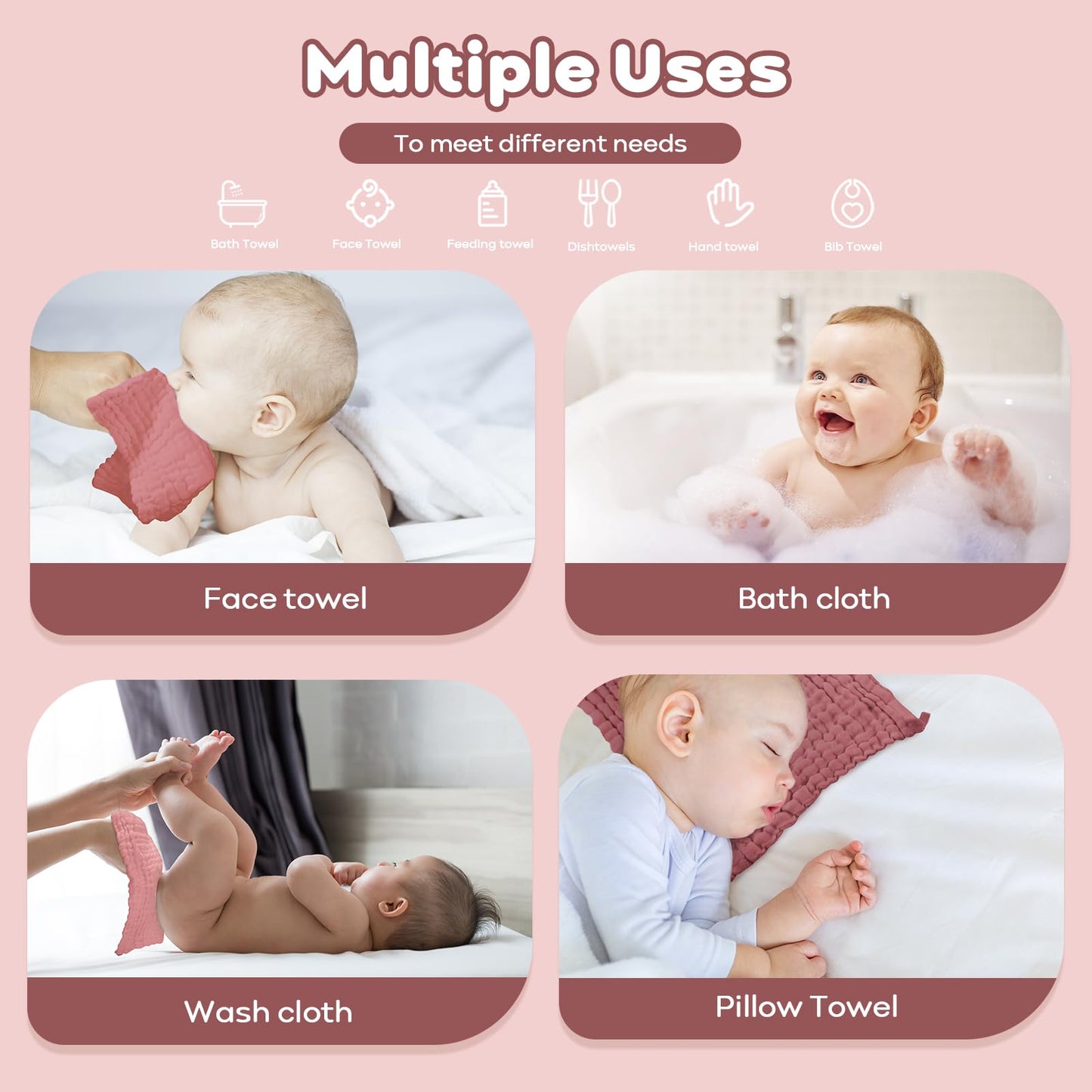 Yoofoss Muslin Baby Washcloths 100% Organic Cotton Face Towels 10 Pack Wash Cloths for Baby 12x12in Soft and Absorbent Baby Wipes (Gradient Pink)