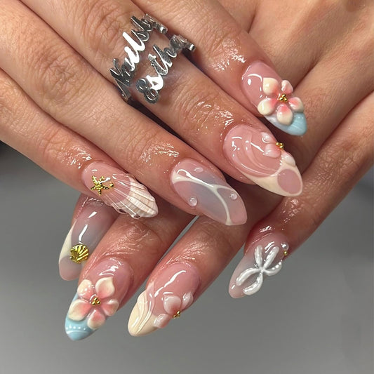 Summer Blue Press On Nails Medium Almond Fake Nails French False Nails With Starfish Designs Acrylic 3D Flower Press Ons Full Cover Glue On Nail Glossy Stick On Nail For Women 24Pcs