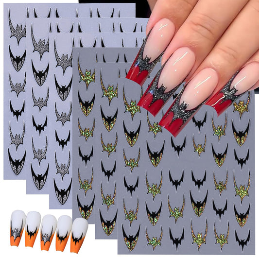6 Sheets Halloween Bat Nail Stickers for Nail Art 3D Self Adhesive Gothic Bat Nail Decals with Exquisite Gold Silver Glitter French Nail Designs Stickers Holiday Decoration Nails Supply for Women DIY