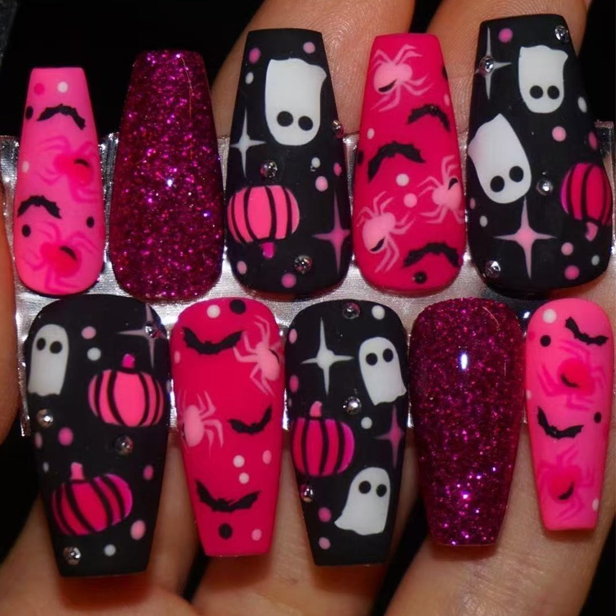 IMSOHOT Press on Nails - Pink Black, Long Coffin Fake Nails with Ghost, Bat, Spider Designs Full Cover Glue on Nails Cute Glitter Ballerina False Nails for Women Nail Decoration